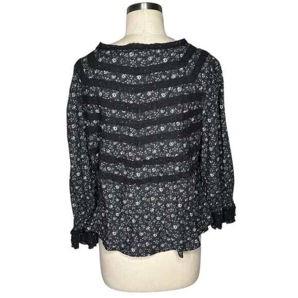 SUNDANCE Alaina Black Floral Lace Trim Tie Front Blouse Top Women's Medium Boho - Picture 3 of 7